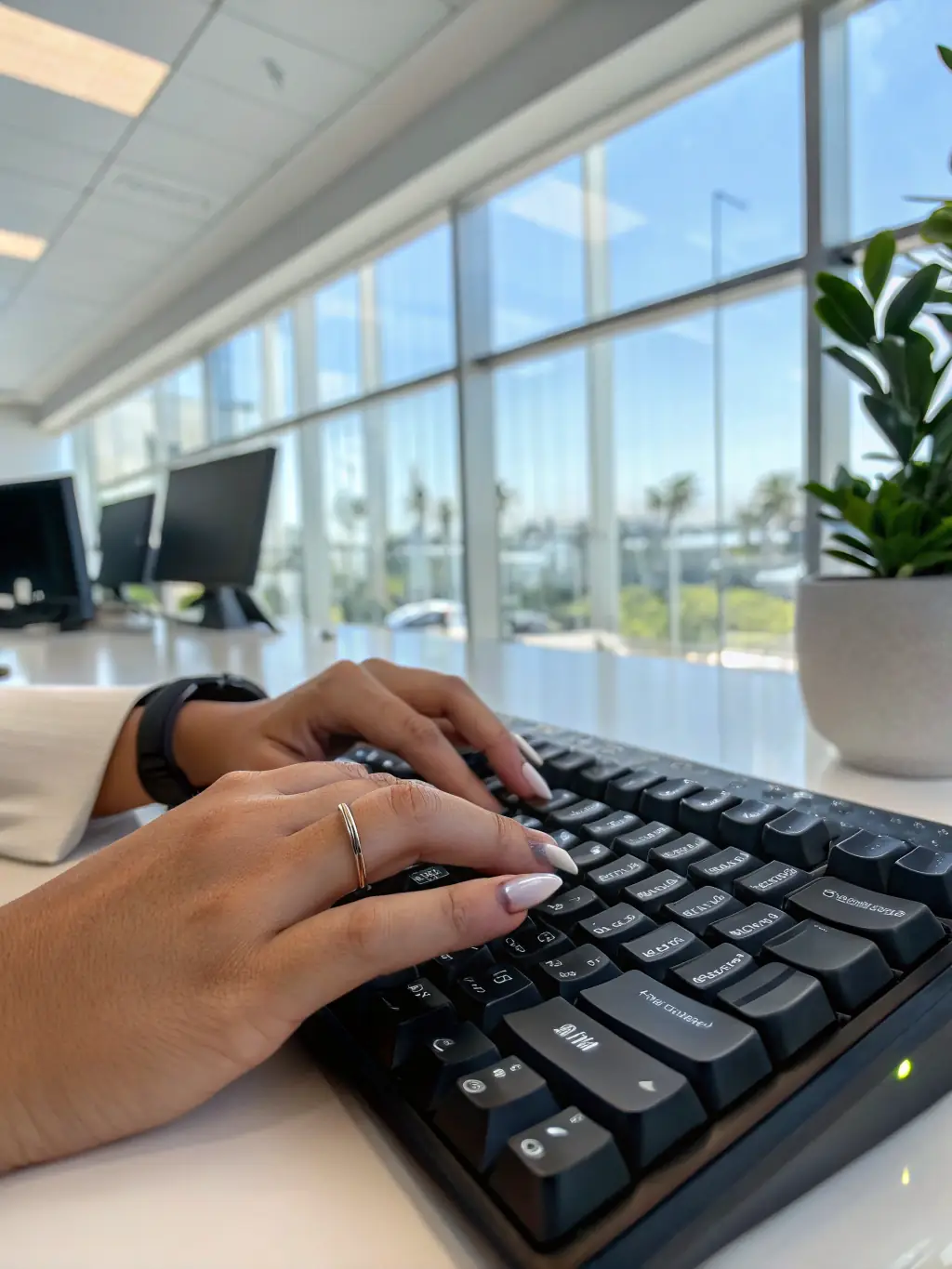 Un primo piano di una tastiera con una sola mano che inserisce dati in un unico campo digitale, a simboleggiare la riduzione delle duplicazioni nei processi degli studi professionali.